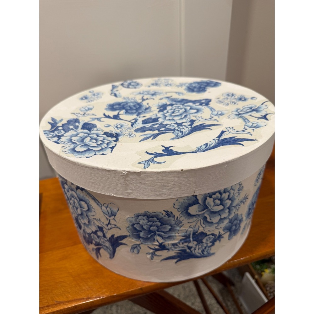 Vintage Blue and White Floral Decoupage Round Hat Box Decorative Storage 12.5in